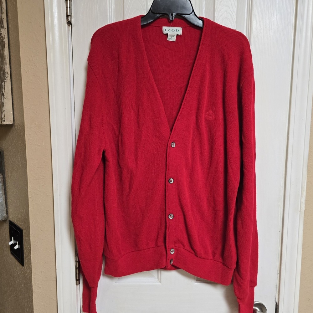 Vintage IZOD Sweater Mens Large Red Cardigan Crest Logo‎ Made USA Acrylic